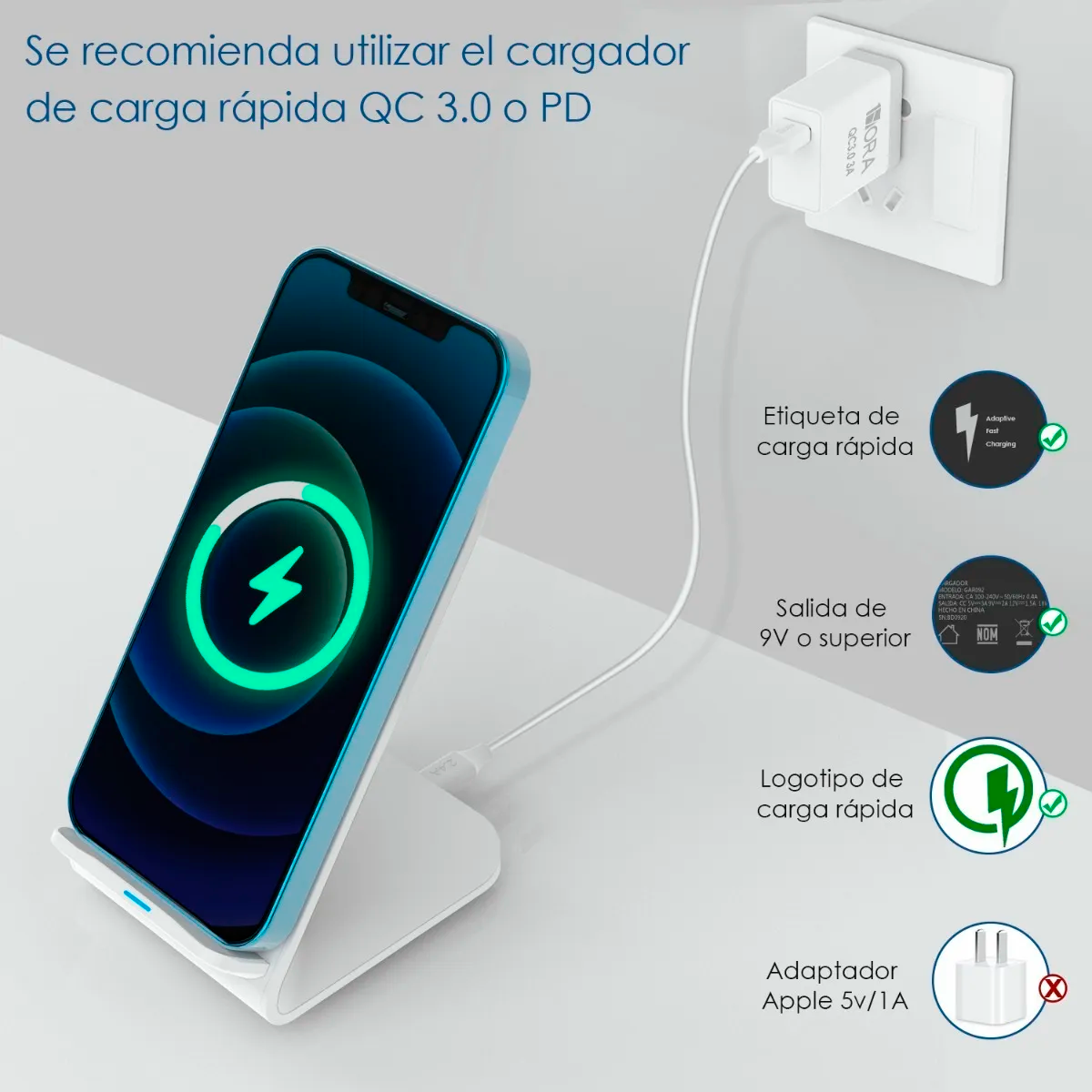 Cargador Inalámbrico Qi Con Carga Veloz 10W Qc 3.0 Ip/sa 1 Hora Color Blanco