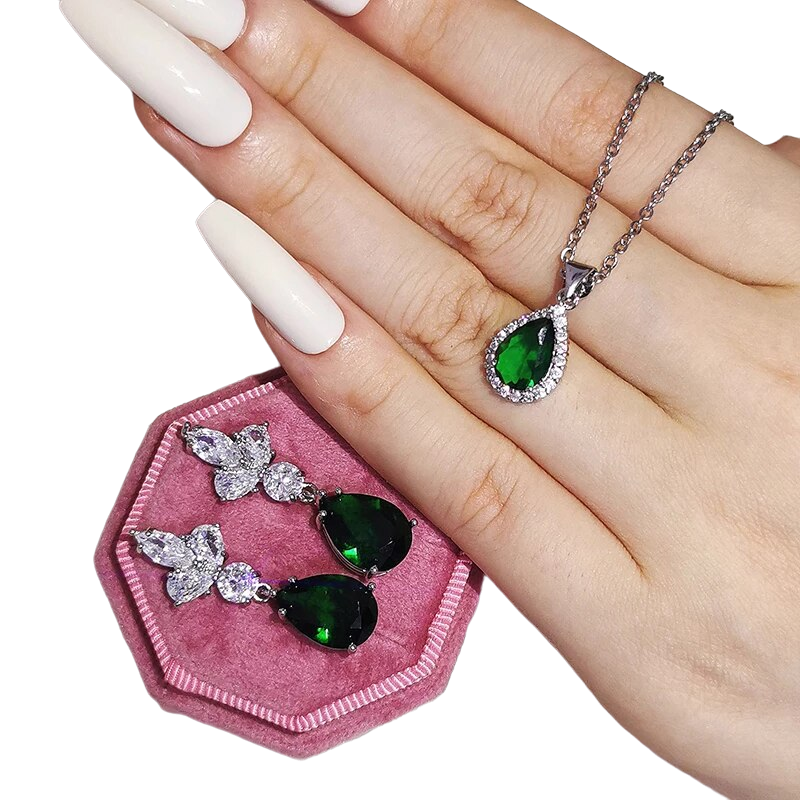 Juego De Collar Y Aretes Gota Verde Esmeralda Amour