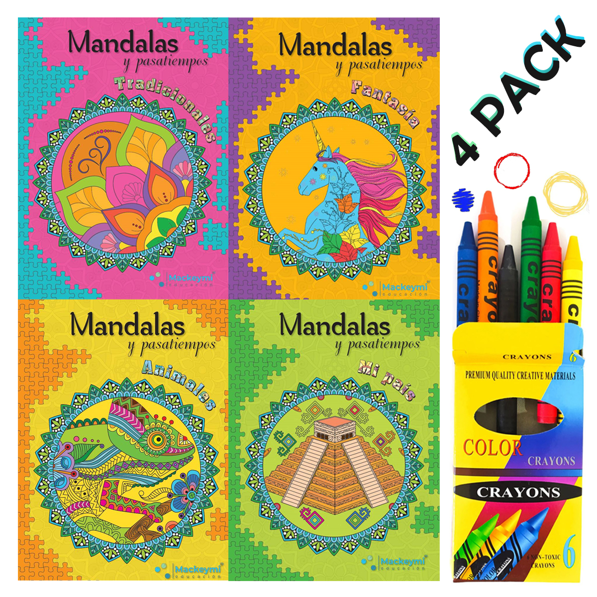 Mándalas Para Colorear Pasatiempos 4 Pack De Libros mas Regalo 1 Caja de Crayolas