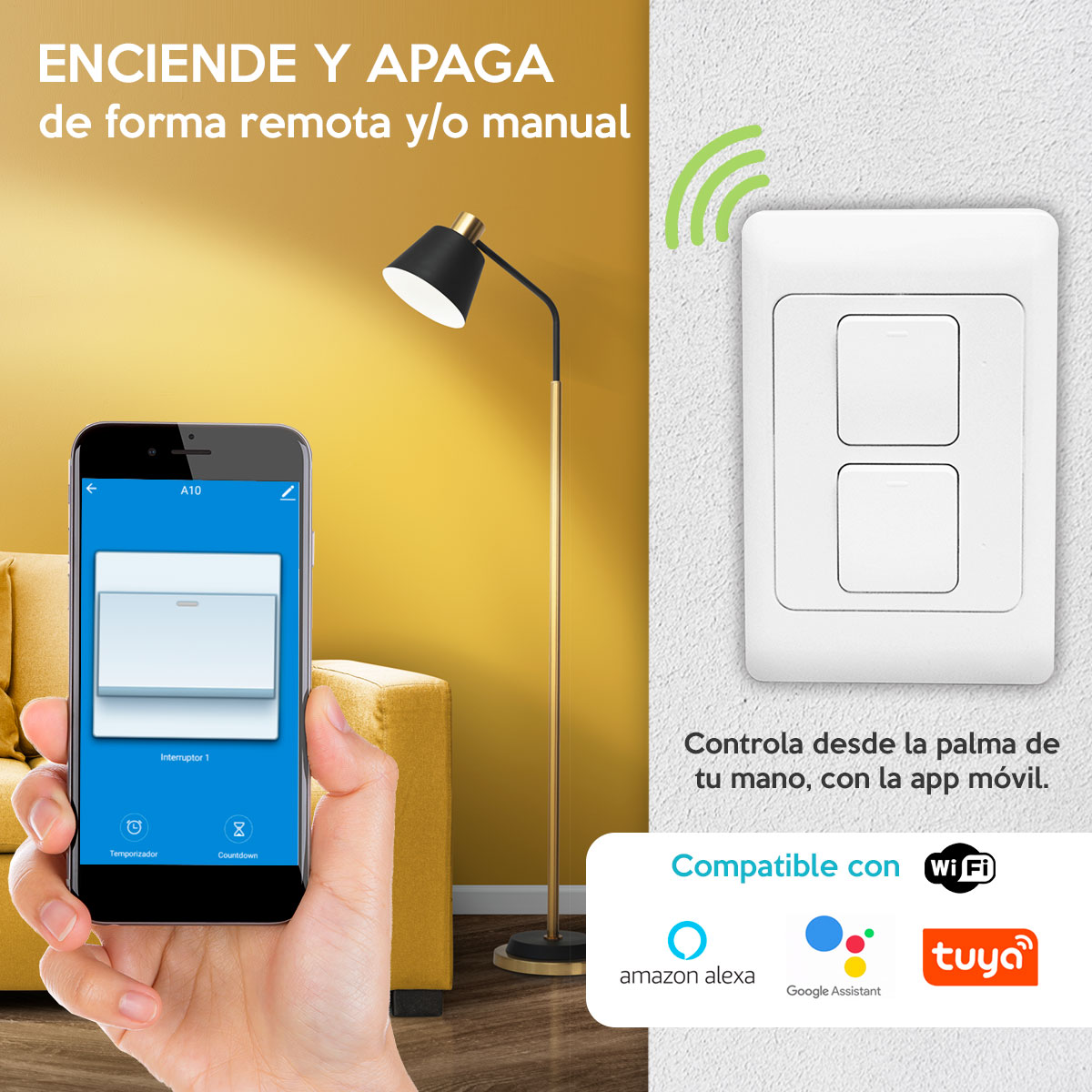 Wi-Fi Switch, Apagador Inteligente de 2 botones clickeables WiFi Duosmart A20 compatible con Amazon Alexa, Google Home,