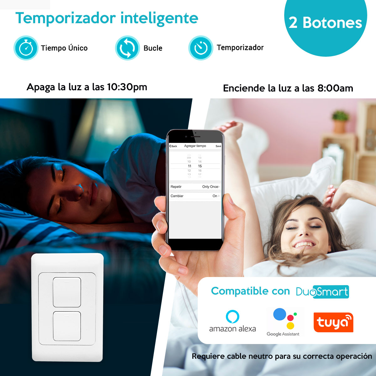 Wi-Fi Switch, Apagador Inteligente de 2 botones clickeables WiFi Duosmart A20 compatible con Amazon Alexa, Google Home,