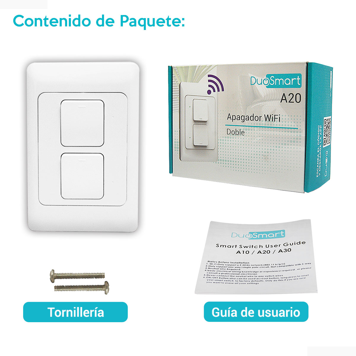 Wi-Fi Switch, Apagador Inteligente de 2 botones clickeables WiFi Duosmart A20 compatible con Amazon Alexa, Google Home,