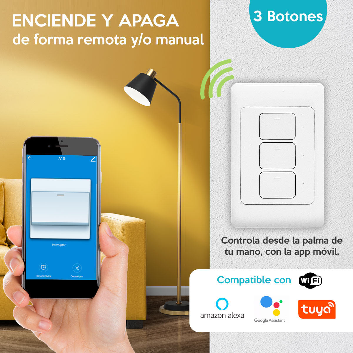 Wi-Fi Switch, Apagador Inteligente de 3 botones clickeables WiFi Duosmart A30 compatible con Amazon Alexa, Google Home,