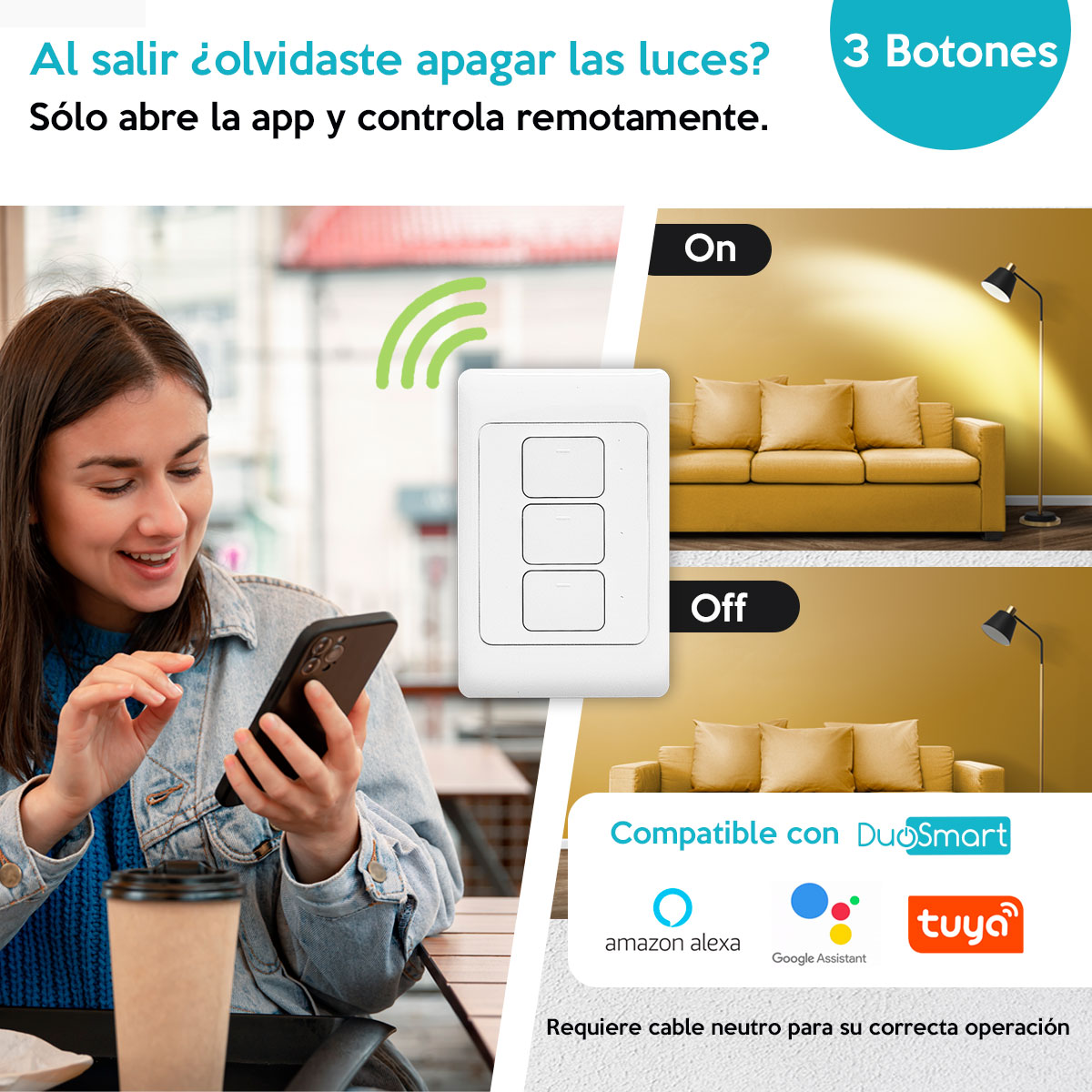 Wi-Fi Switch, Apagador Inteligente de 3 botones clickeables WiFi Duosmart A30 compatible con Amazon Alexa, Google Home,