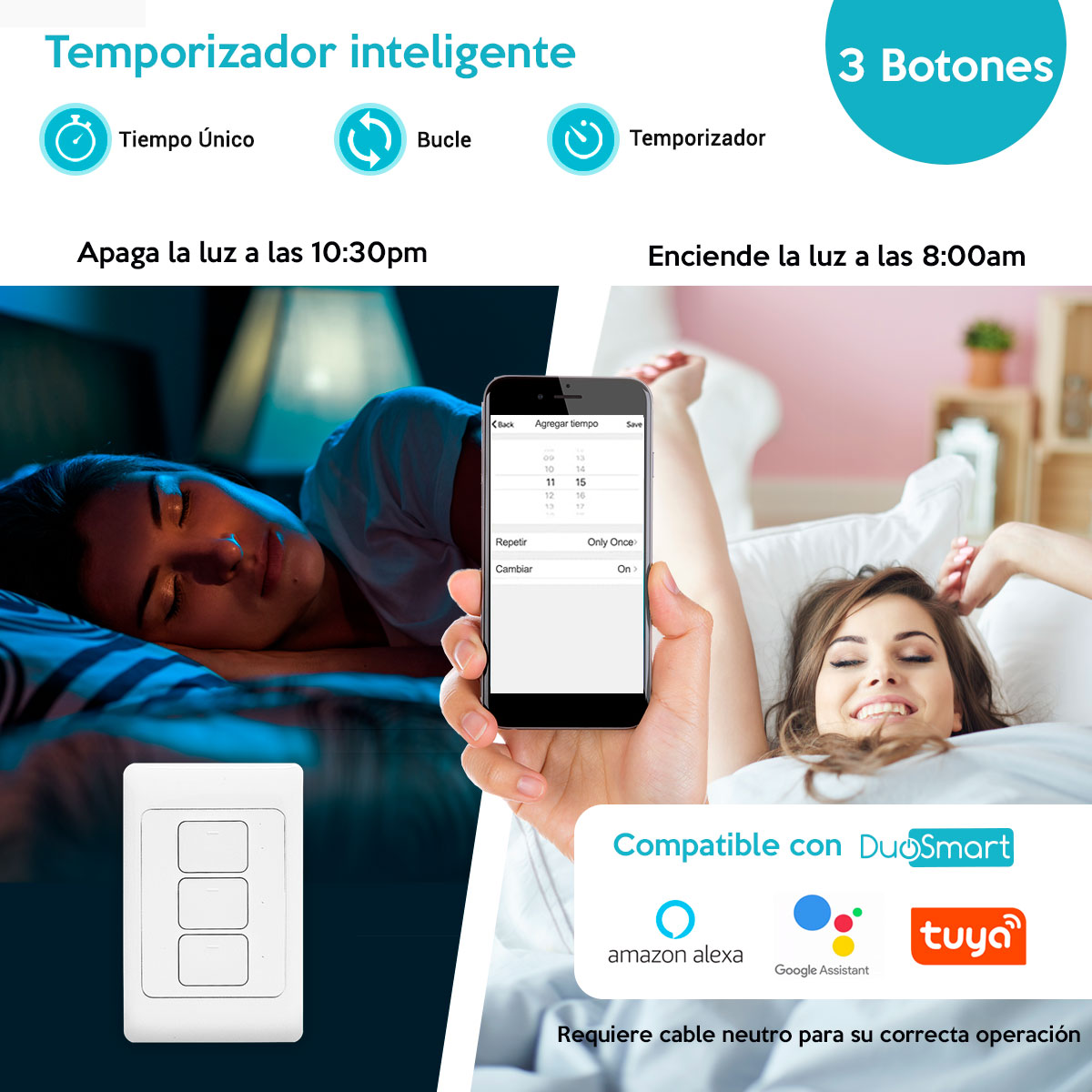 Wi-Fi Switch, Apagador Inteligente de 3 botones clickeables WiFi Duosmart A30 compatible con Amazon Alexa, Google Home,