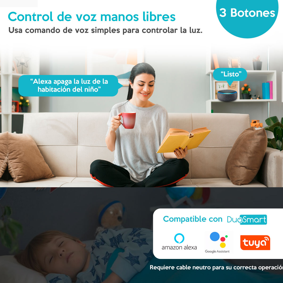 Wi-Fi Switch, Apagador Inteligente de 3 botones clickeables WiFi Duosmart A30 compatible con Amazon Alexa, Google Home,