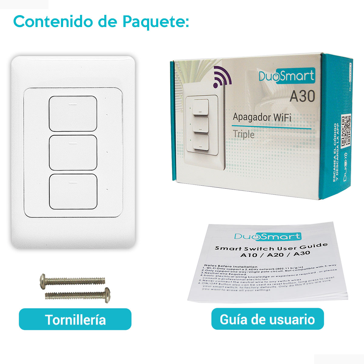 Wi-Fi Switch, Apagador Inteligente de 3 botones clickeables WiFi Duosmart A30 compatible con Amazon Alexa, Google Home,