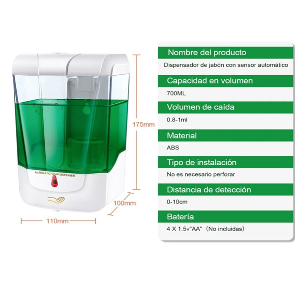 Dispensador Automático De Jabón, Gel Antibacteriano De 700ml.