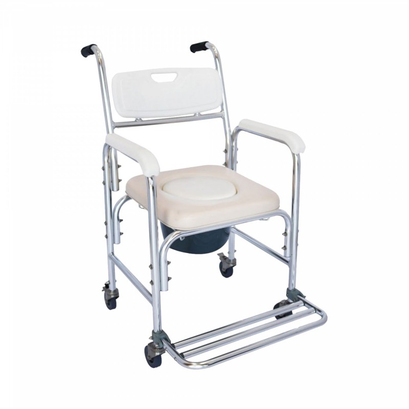 Silla Comodo con Ruedas y Freno Trasero, Asiento Inodoro Acolchado Y Respaldo | Inodoro Portátil con Llanta Y Asiento Acolchado, Cubeta Y Cover | Silla de Ducha para Baño 