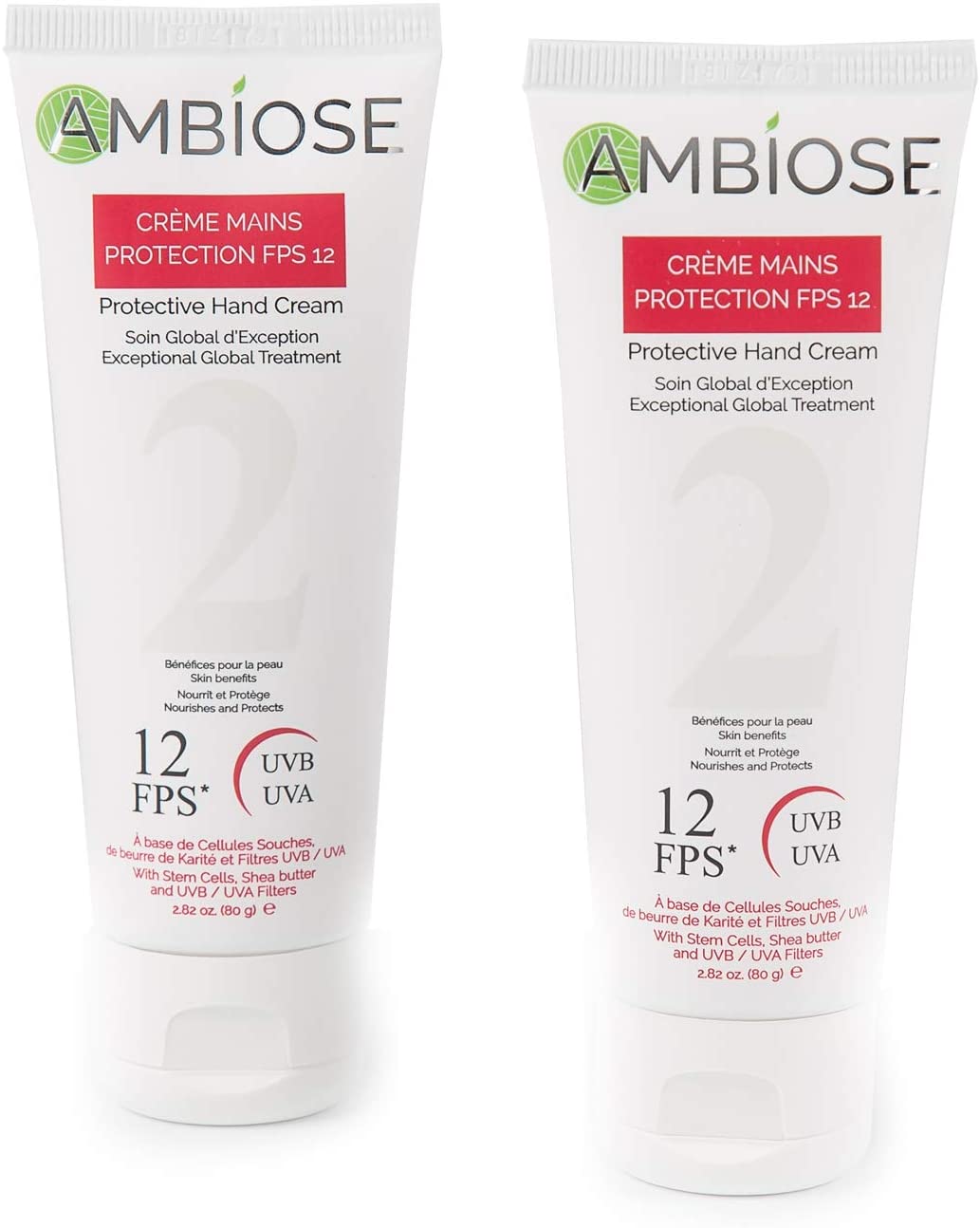 Dúo Crema de Manos Ambiose con Protector Solar, FPS 12 y Manteca de Karité, Filtro Solar UVA y UVB, Antimanchas, Antiedad, Reparadora, Hidratante, Revitalizante, Cuidado Intensivo