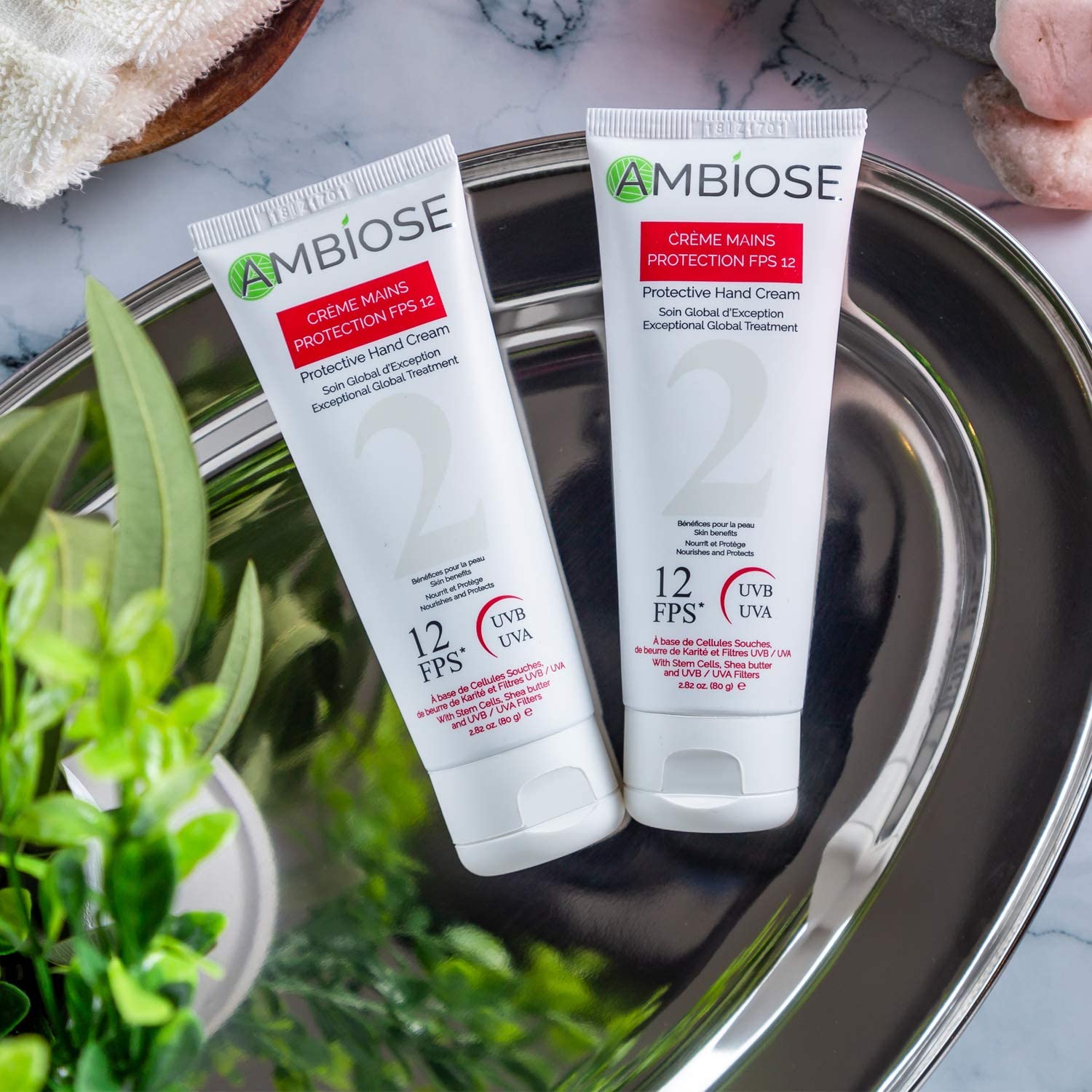 Dúo Crema de Manos Ambiose con Protector Solar, FPS 12 y Manteca de Karité, Filtro Solar UVA y UVB, Antimanchas, Antiedad, Reparadora, Hidratante, Revitalizante, Cuidado Intensivo