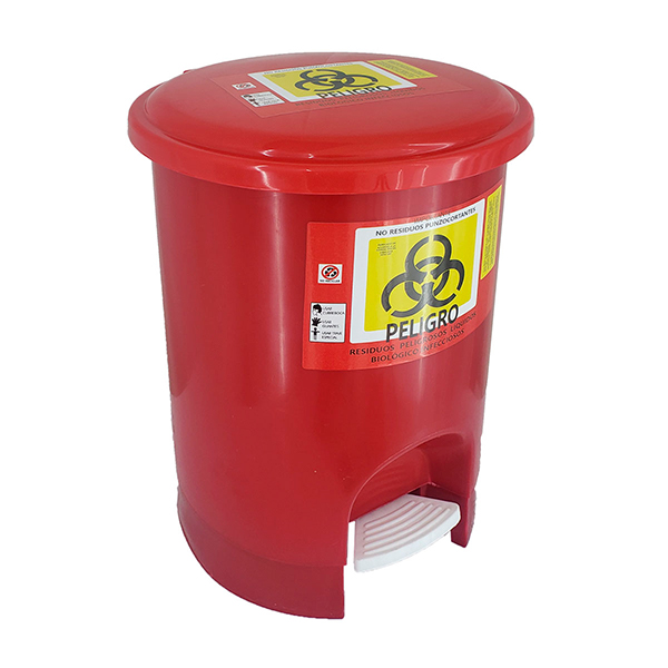 Bote de plástico rojo con pedal para desechos de RPBI y cubrebocas A1 EBP21 fabricado en poliestireno  21 Litros capacidad color Rojo