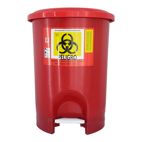 Bote de plástico rojo con pedal para desechos de RPBI y cubrebocas A1 EBP21 fabricado en poliestireno  21 Litros capacidad color Rojo