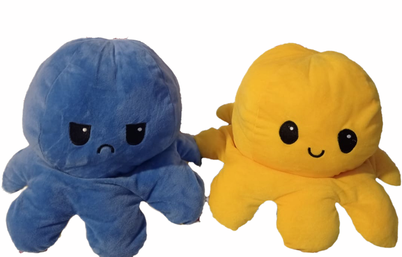 Peluche Pulpo Pulpito Reversible Amarillo-Azul. Enojado-Feliz - Tamaño Grande.