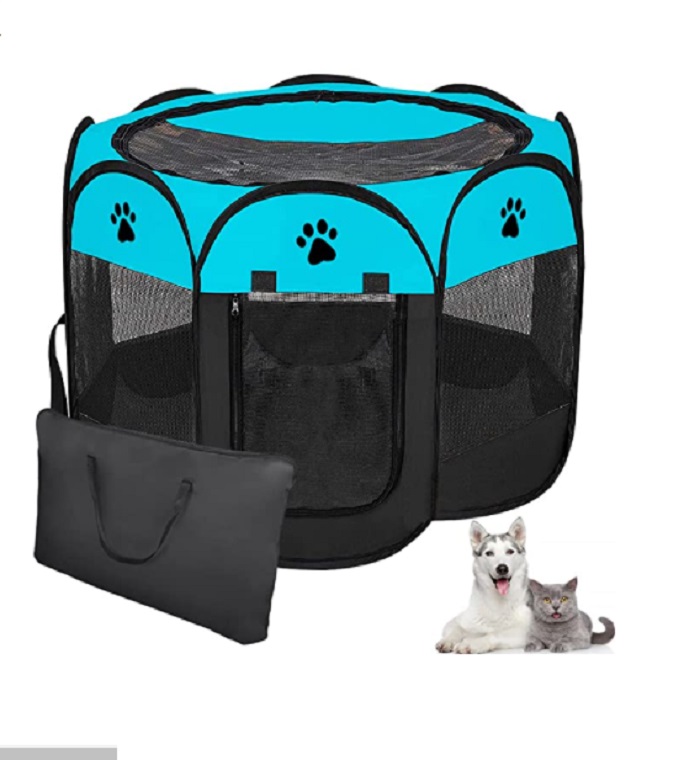 Casa  para Perros con Valla Plegable Azul con Negro 