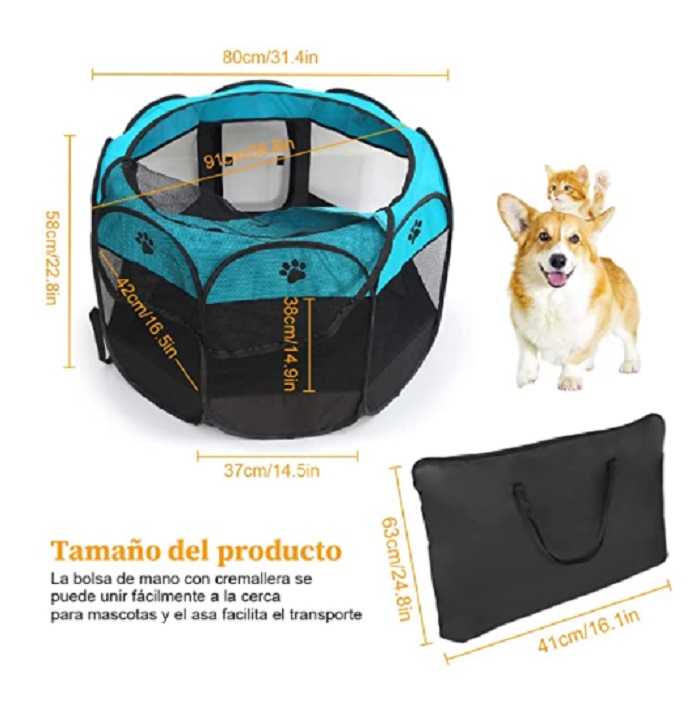 Casa  para Perros con Valla Plegable Azul con Negro 