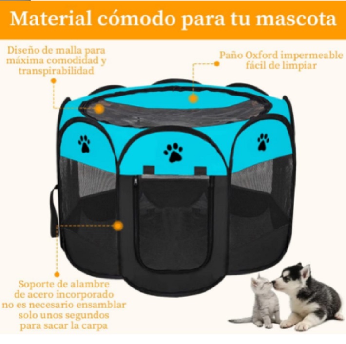 Casa  para Perros con Valla Plegable Azul con Negro 