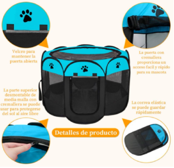 Casa  para Perros con Valla Plegable Azul con Negro 