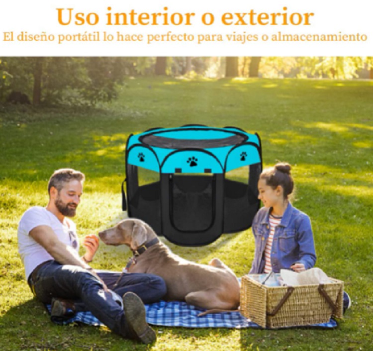 Casa  para Perros con Valla Plegable Azul con Negro 