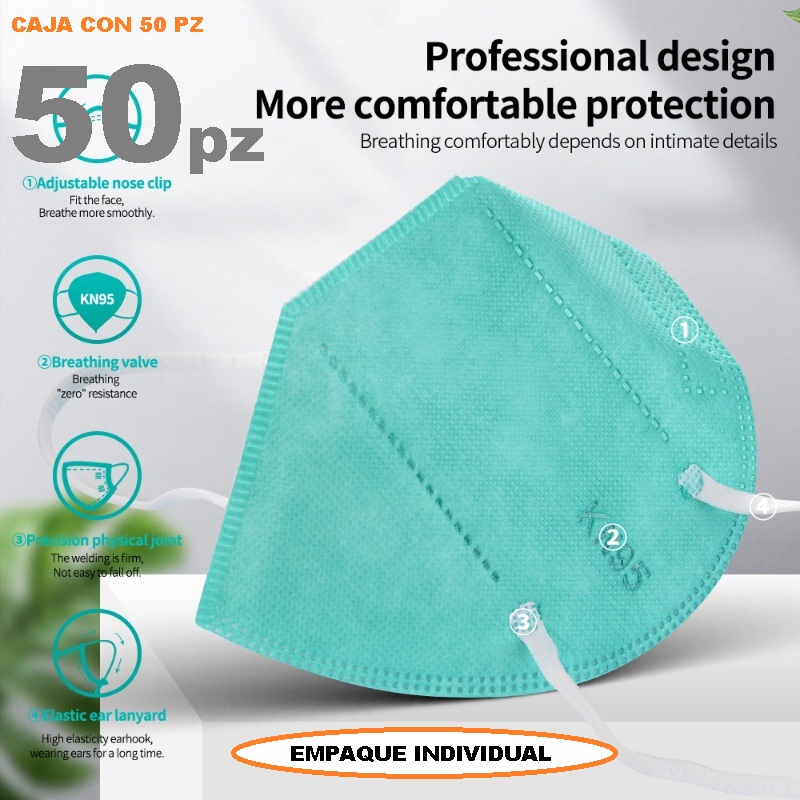 Mascarilla kn95 Color Verde Pistache 50 Piezas Empaque Individual