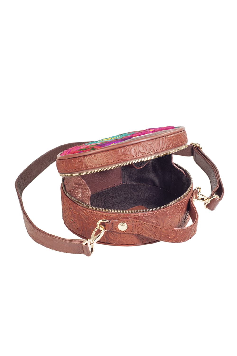 Bolso Crossbody ANGELOZANO de Piel Vacuna  con Bordado Artesanal de Flores Modelo Quetzal