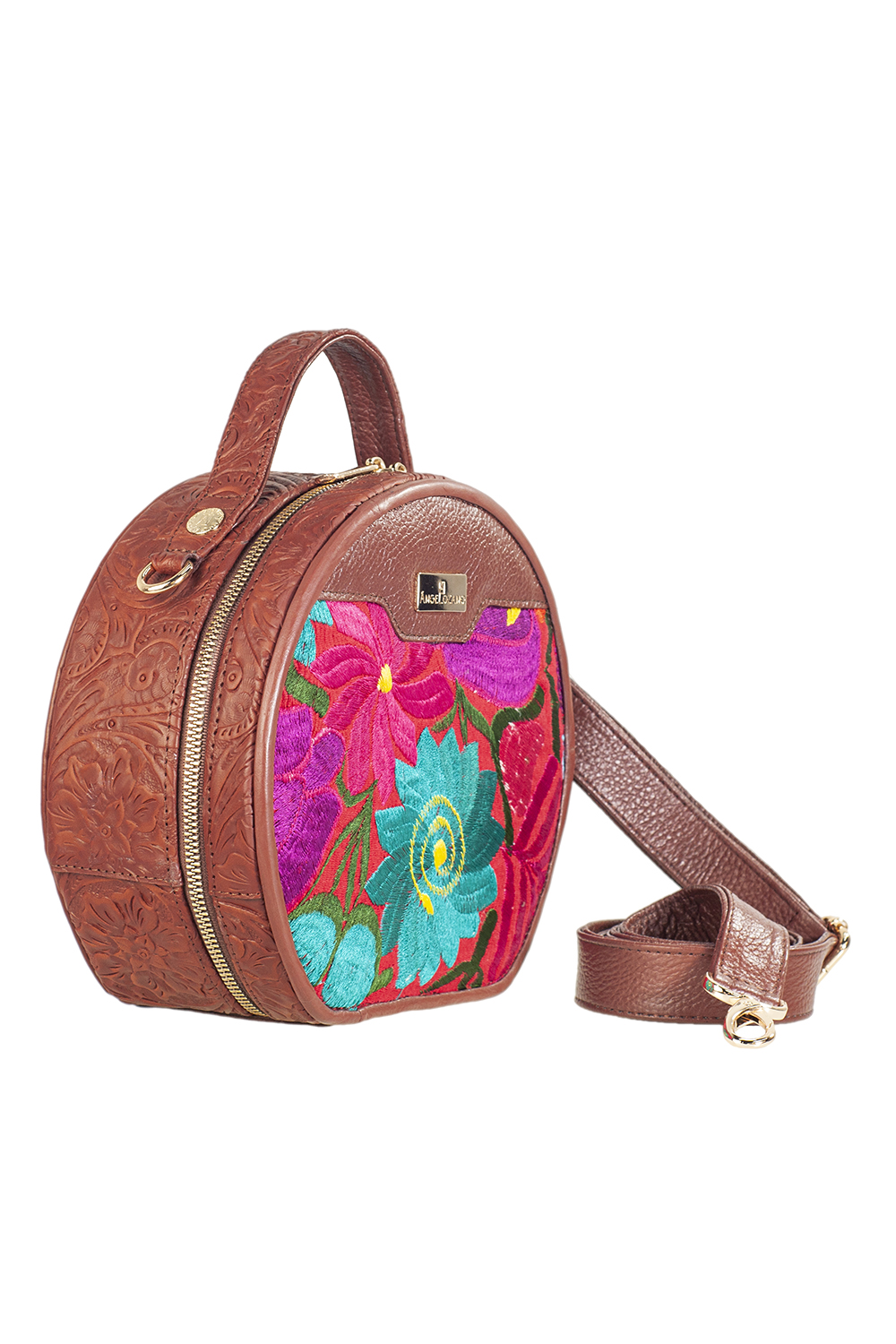Bolso Crossbody ANGELOZANO de Piel Vacuna  con Bordado Artesanal de Flores Modelo Quetzal