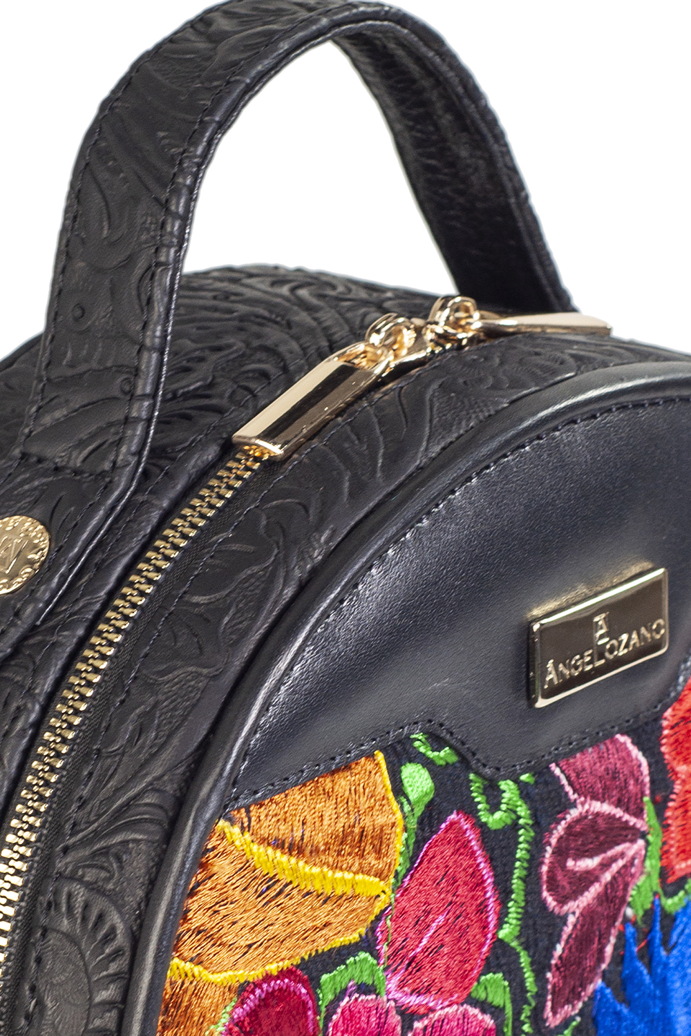 Bolso Crossbody ANGELOZANO de Piel Vacuna  con Bordado Artesanal de Flores Modelo Quetzal