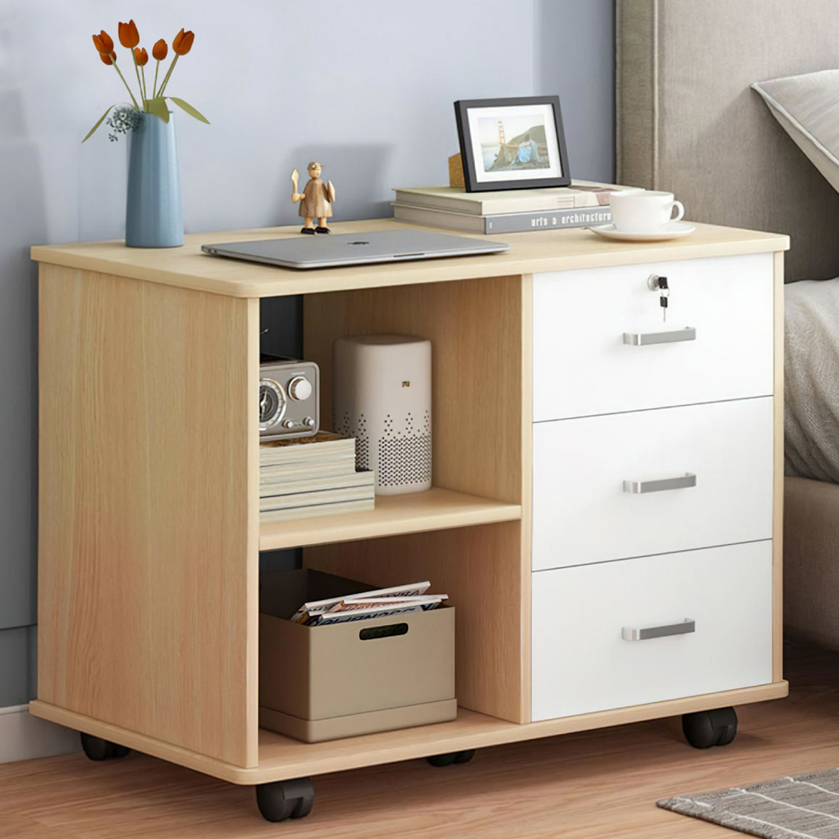 Ilios Innova Gabinete de Almacenamiento, archivero móvil con cajón de Cerradura Soporte para Impresora y estantes Mueble para oficina.