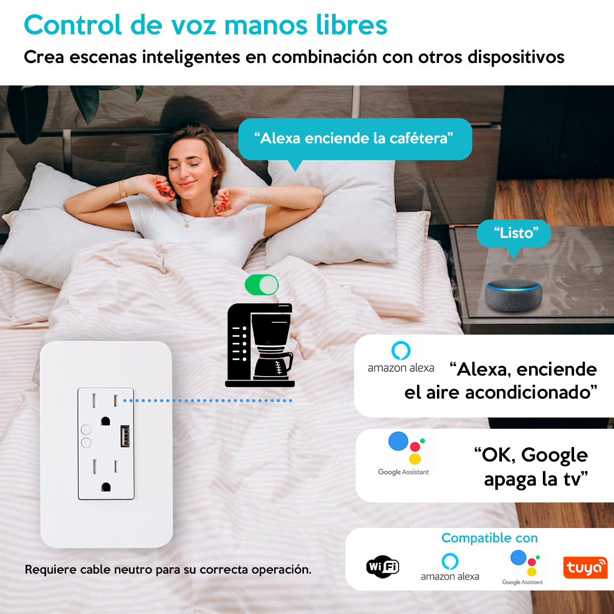 Contacto Duplex USB WiFi  compatible con Alexa, Google, Tuya A60 Duosmart