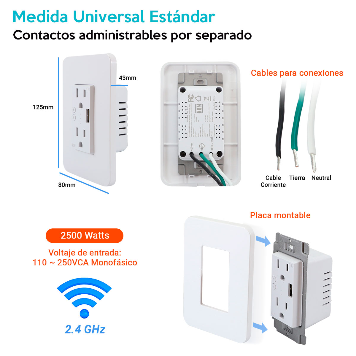 Contacto Duplex USB WiFi  compatible con Alexa, Google, Tuya A60 Duosmart