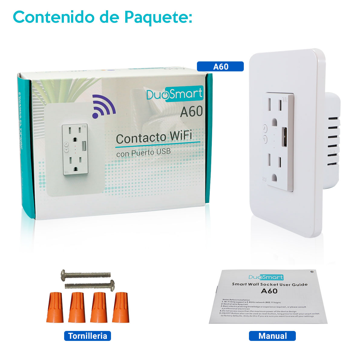 Contacto Duplex USB WiFi  compatible con Alexa, Google, Tuya A60 Duosmart