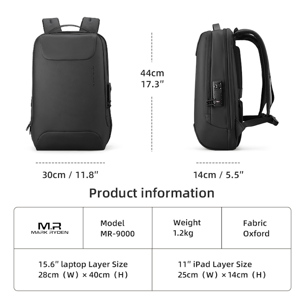 Mochila Mark Ryden. Bolsillo antirrobo. Repelente al agua Oxford. Para laptop de 15.6 Con puerto USB. Modelo 9000