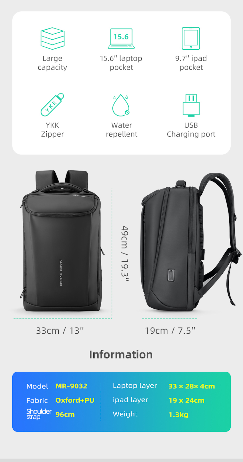 Mochila Mark Ryden. Gran tamaño. Para laptop de 15.6". Bolsillo trasero antirrobo. Repelente al agua. Puerto USB. Modelo 9032-00
