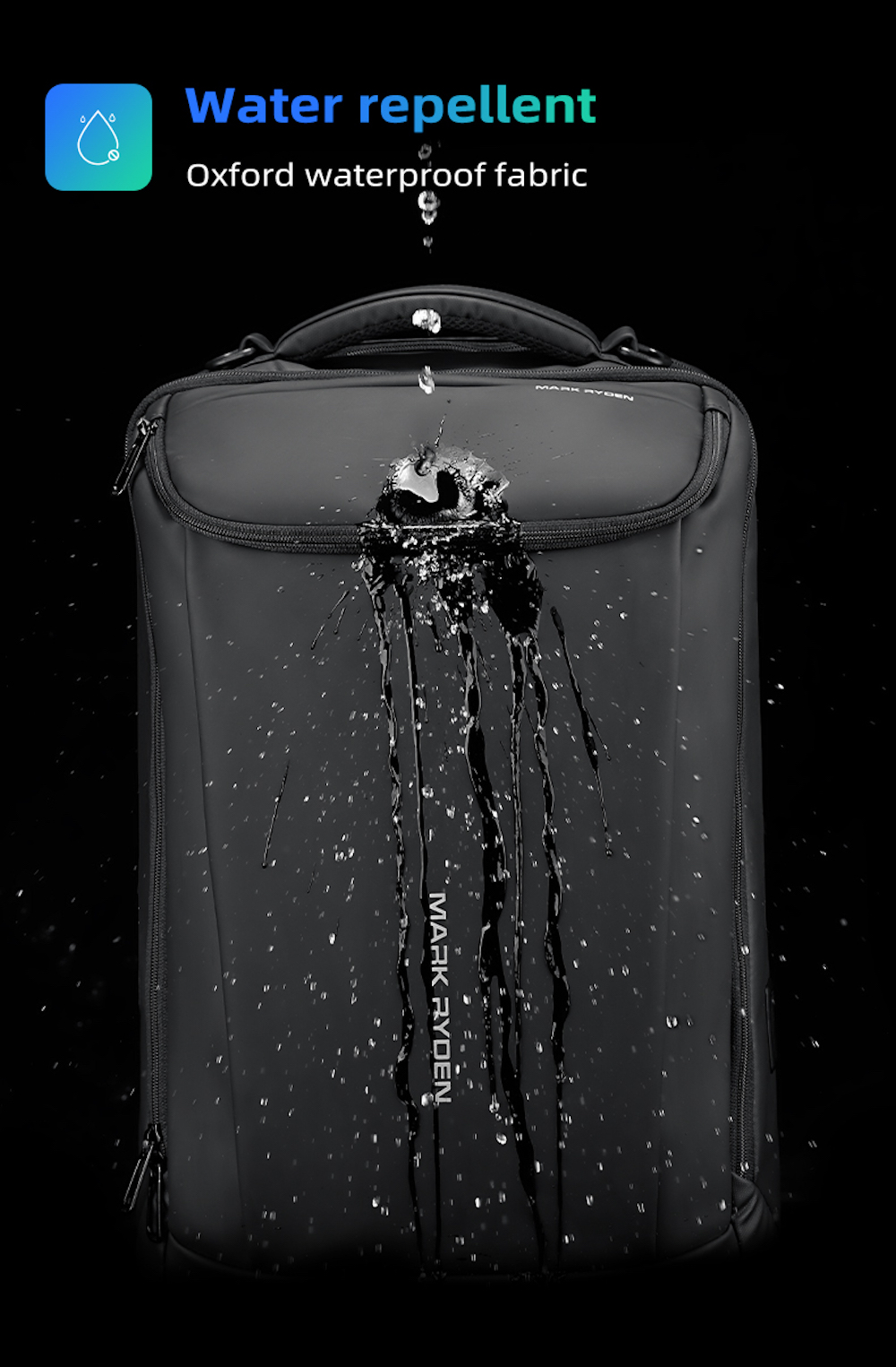 Mochila Mark Ryden. Gran tamaño. Para laptop de 15.6". Bolsillo trasero antirrobo. Repelente al agua. Puerto USB. Modelo 9032-00