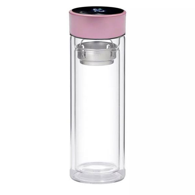 Termo Inteligente Transparente de Cristal Térmico Doble Pared Con Infusor para Café y Té Acero Inoxidable 500ml (Rosa Pastel)