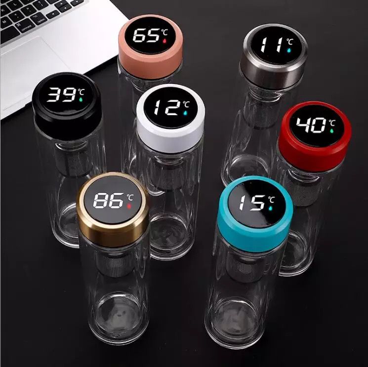 Termo Inteligente Transparente de Cristal Térmico Doble Pared Con Infusor para Café y Té Acero Inoxidable 500ml (Rosa Pastel)