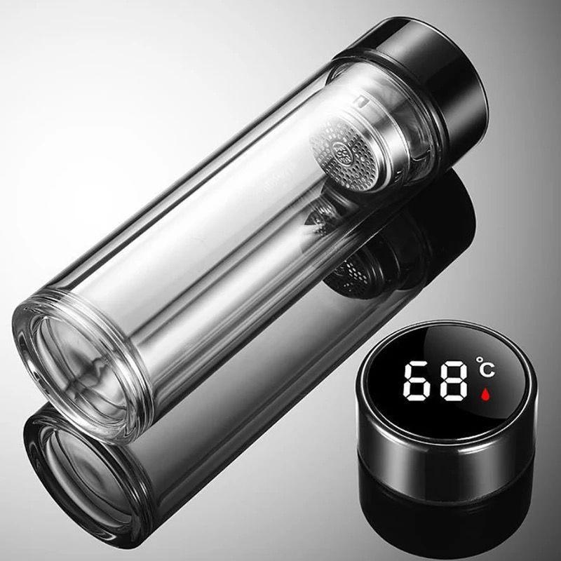 Termo Inteligente Transparente de Cristal Térmico Doble Pared Con Infusor para Café y Té Acero Inoxidable 500ml (Rosa Pastel)