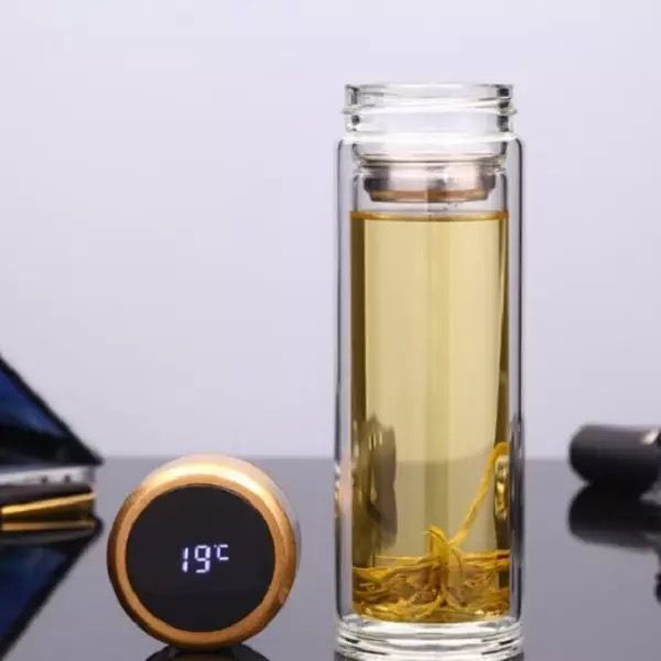 Termo Inteligente Transparente de Cristal Térmico Doble Pared Con Infusor para Café y Té Acero Inoxidable 500ml (Rosa Pastel)