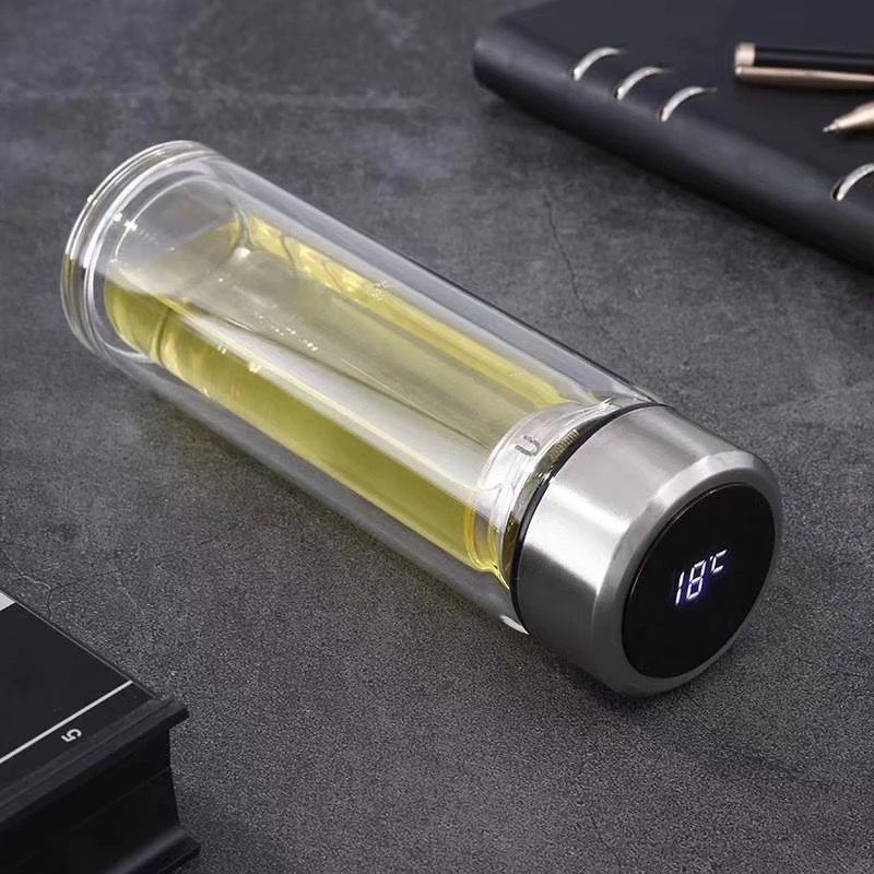 Termo Inteligente Transparente de Cristal Térmico Doble Pared Con Infusor para Café y Té Acero Inoxidable 500ml (Rosa Pastel)