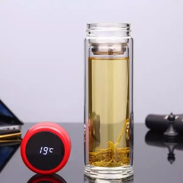 Termo Inteligente Transparente de Cristal Térmico Doble Pared Con Infusor para Café y Té Acero Inoxidable 500ml (Rosa Pastel)