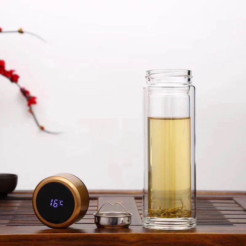 Termo Inteligente Transparente de Cristal Térmico Doble Pared Con Infusor para Café y Té Acero Inoxidable 500ml (Rosa Pastel)