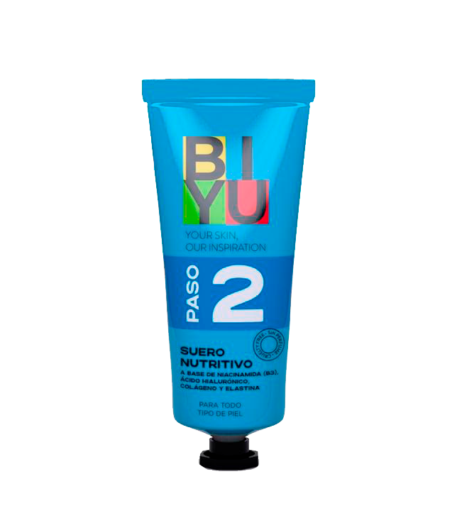 Suero nutritivo a base de niacinamida, acido hialurónico, colágeno y elastina Paso 2 de sistema diario de cuidado para la piel BIYU