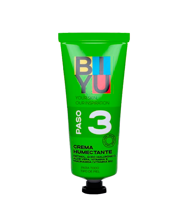 Crema Humectante a base de retinol, aloe vera, vitamina E, acido hialurónico. Paso 3 de sistema diario de cuidado para la piel BIYU
