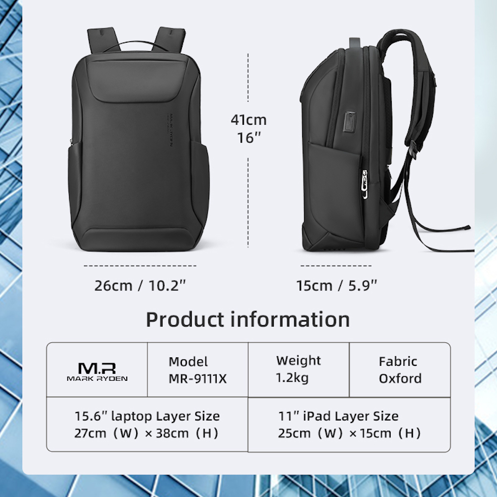 Productos Mochila Negra Mark Ryden. Puerto de carga USB, correa acolchada. Para portátil de 15.6" y tablet de 11" Modelo 9111
