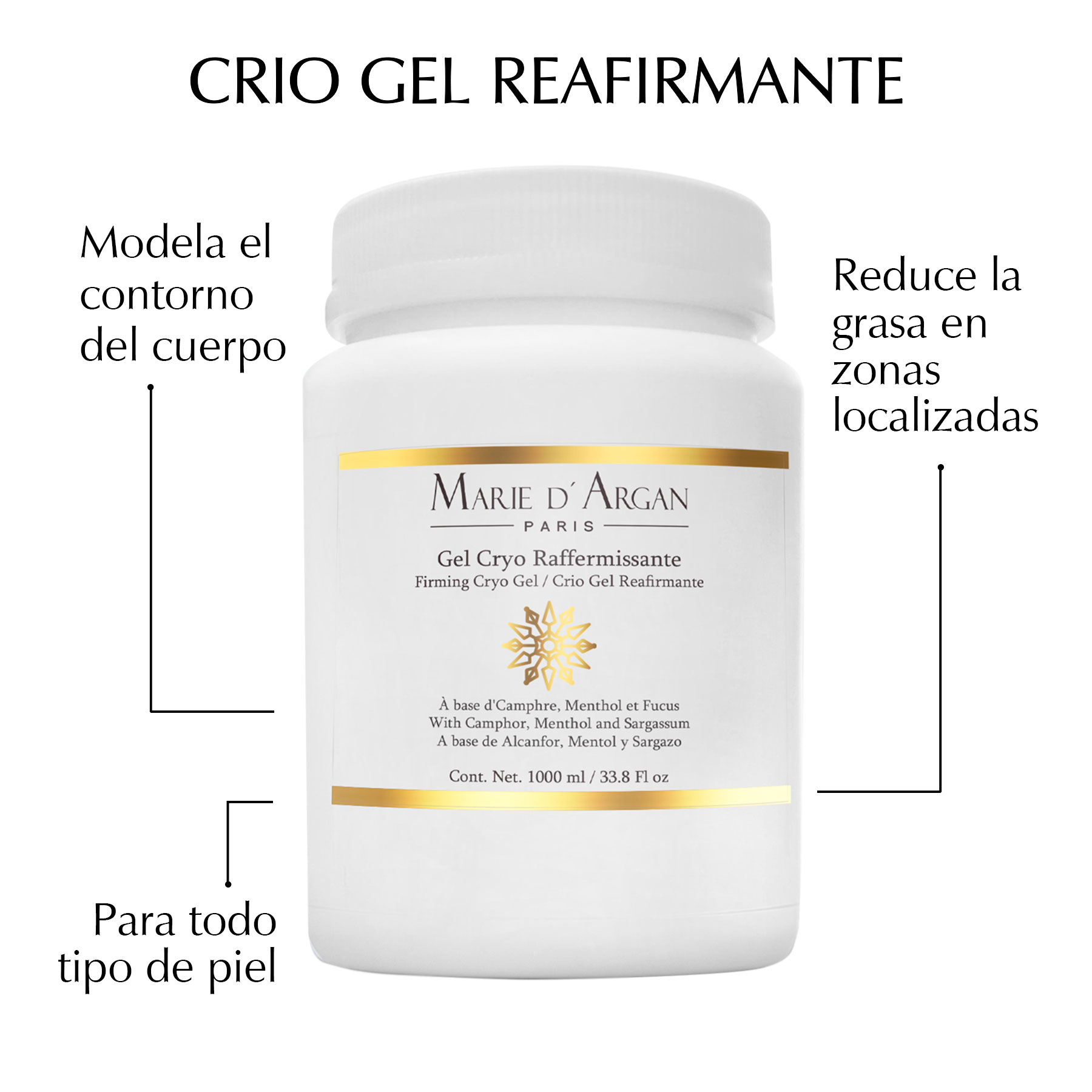 Crio Gel Reafirmante Marie d'Argan 1000 ml, Combate Flacidez Abdominal, Reduce Grasa en Abdomen, Piernas y Cadera, Anticelulitis, con Alcanfor y Mentol