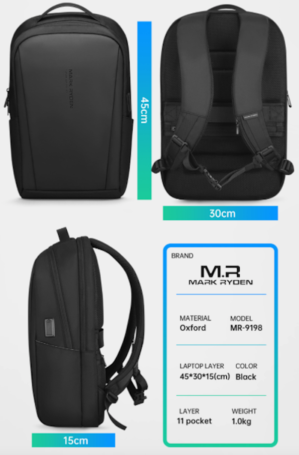 Mochila Mark Ryden. Para portátil, iPad, libros, billetera y artículos extra. Ideal para negocios Correas ergonómicas Repelente al agua. Modelo 9198