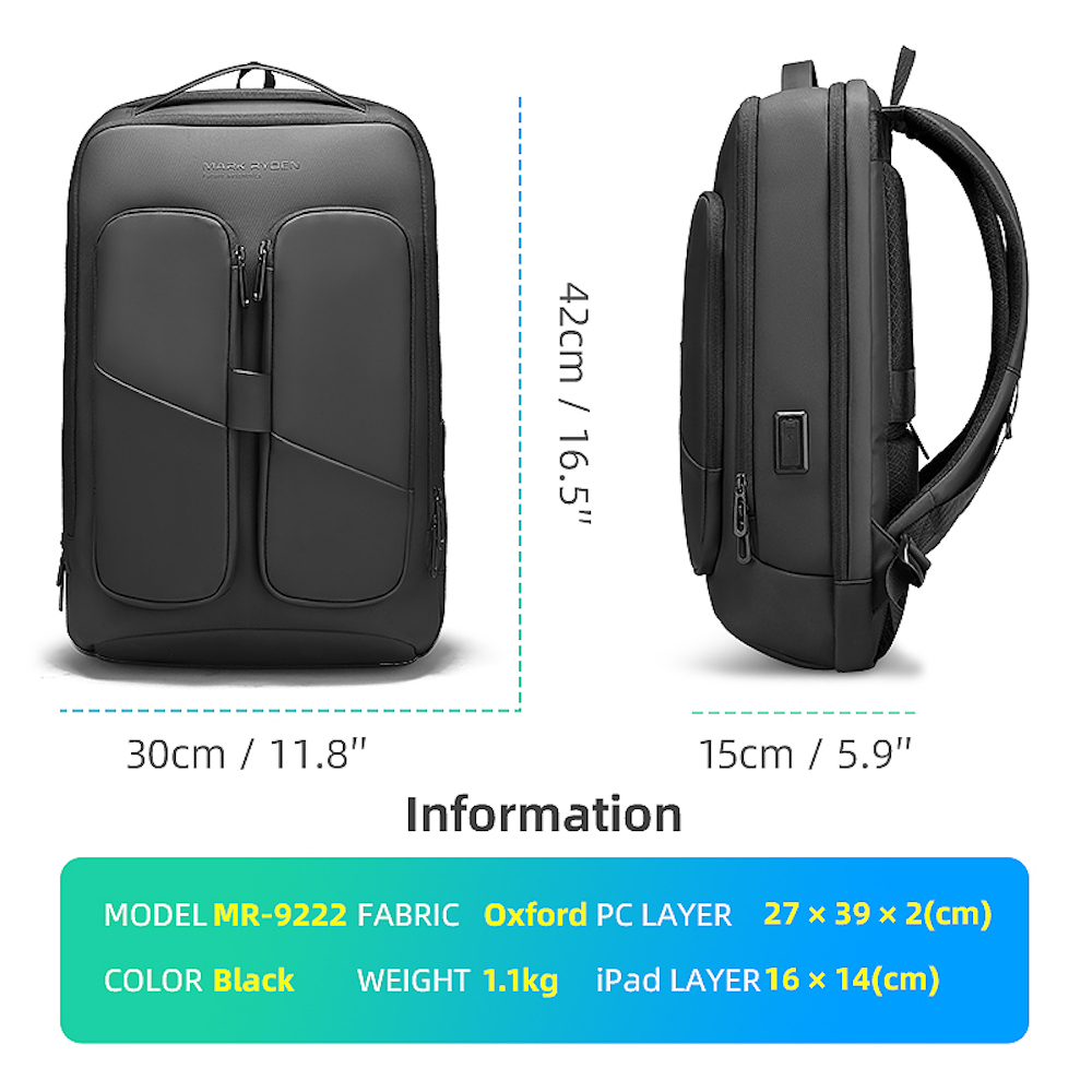 Mochila Mark Ryden Bolsillo Antirrobo Correas acolchadas Repelente al agua Oxford Para laptop de 15.6 y tablet 11 Con puerto USB Modelo 9222