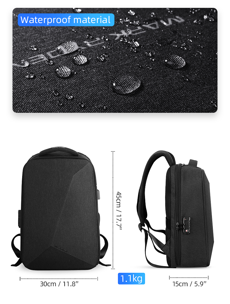 Mochila Mark Ryden. Para laptop de 15.6 Con capa de lluvia impermeable desplegable. Candado de seguridad antirrobo. Modelo 9405YY
