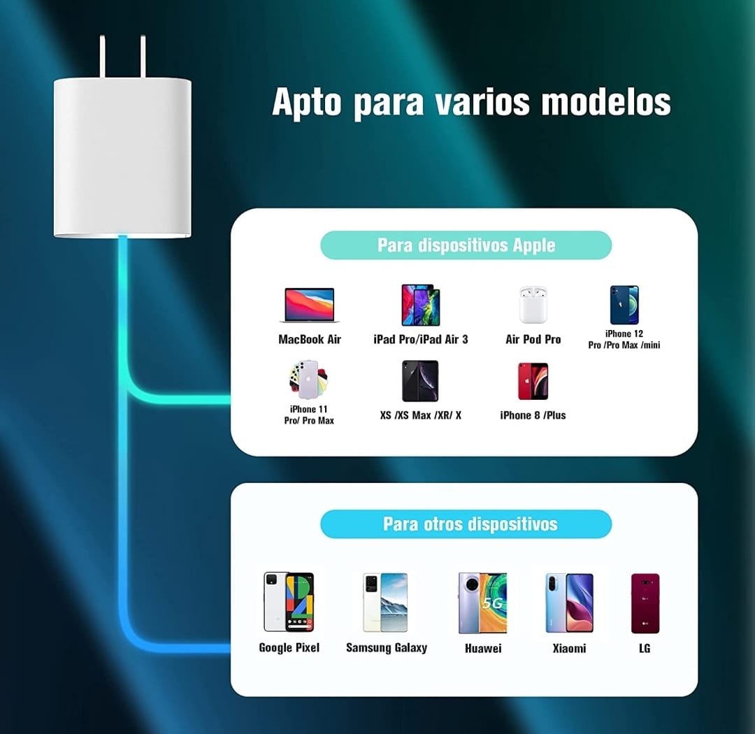 Cargador Entrada Tipo C Carga Rápida 20 Watts (Solo El Cubo) Compatible con Modelos iPhone Entrada Tipo C