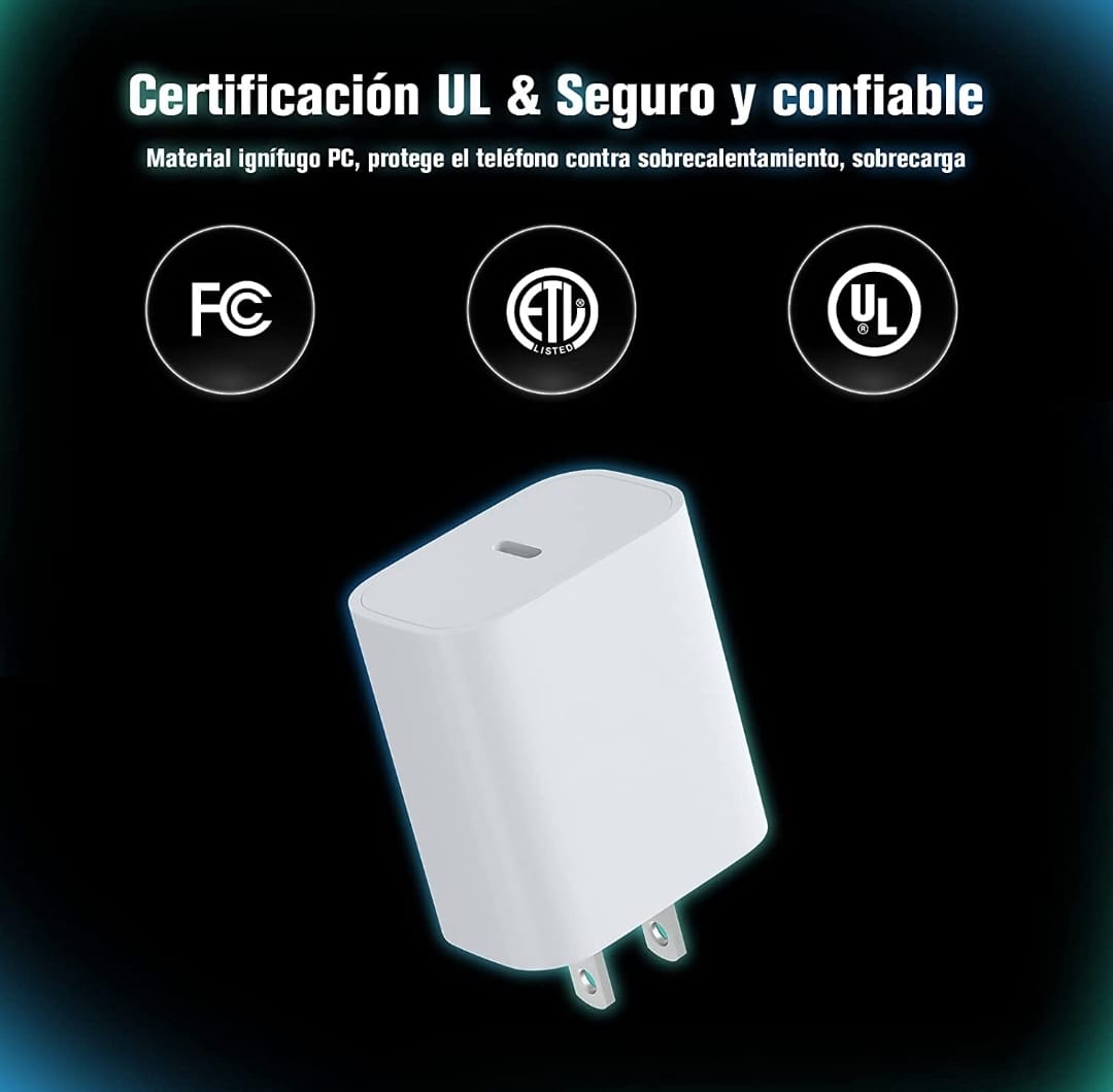 Cargador Entrada Tipo C Carga Rápida 20 Watts (Solo El Cubo) Compatible con Modelos iPhone Entrada Tipo C
